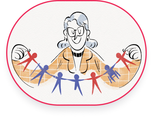 A cartoon woman holding a paper chain of people